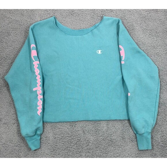 Champion Sweaters - Champion Cropped Long Sleeve Pull-over Sweater Blue Pink White Sporty Preppy